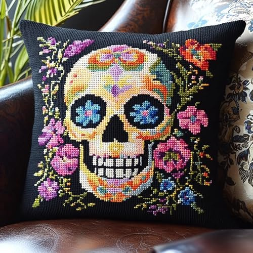 WallustrioaW crâne Kit de Coussin à Broder au Point de Croix,crâne et fleurs,Kit de broderie au point de croix estampillé,DIY Kit de Coussin à Broder 45x45cm