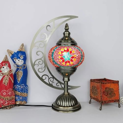 BOTOWI Türkische Lampe mondförmige Mosaik-Tischlampe einzigartiger marokkanischer handgefertigter antiker böhmischer Vintage-Lampenschirm Tiffany-Schreibtisch Nachttischlampe aus Buntglas,Rot