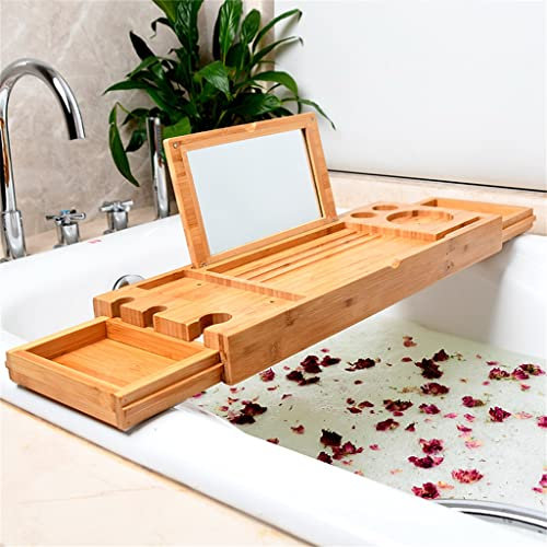 KHYTEBV Bandeja de bañera Extensible con Espejo Bandeja de baño Soporte para Tableta Estante de Lectura Accesorios de baño