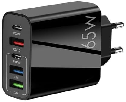 Caricabatterie USB C multiplo da 65 W 5 porte PD 3.0, PD+3USB 5 V 2,4 A Caricatore Multiplo compatibile con iPhone 15-11, iPad, Samsung Galaxy S24/S23/S22/S21, Xiaomi, Huawei, Nero