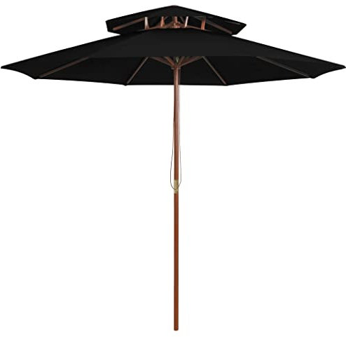 JHQHSM Ombrellone a Due Livelli con Palo in Legno, Ombrellone da spiaggia Decentrato Parasole Ombrelloni da esterno Ombrellone da giardino Per Piscina Giardino Spiaggia di sabbia 270 cm Nero