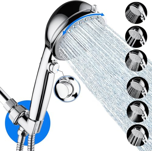 Wassersparender Duschkopf, Handbrause mit 6+1 Strahlarten, Pause-Duschkopf mit einem Klick, Silber