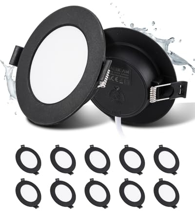Grebeam 10 Pezzi Faretti LED da Incasso per Cartongesso 5W, Faretti da Soffitto, Nero, Bianco Freddo 6000K, Ultra Sottile 25mm, Faretto led incasso IP44 per Bagno Cucina, Foro Ø75-90mm, AC 220-240V