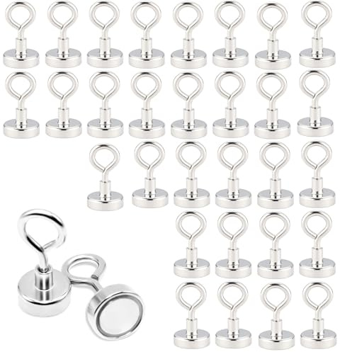 Comioke 30 Piezas Ganchos Magnéticos, 16 mm Gancho Magnético, Imanes Neodimio con Gancho, 8kg (17,6 lbs) de Fuerza de Atracción, Ganchos Imán para Cocina, Garaje, Refrigerador (Plata)