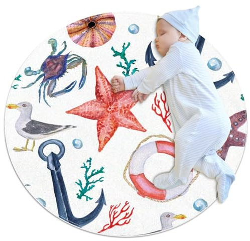 VAPOKF Kleine Teppiche, Badezimmerteppich, Aquarell, Anker, Möwe, Rettungsring, rutschfest, für Sofa, Schlafzimmer, Kinderzimmer, Dekoration, rund, 80 cm Durchmesser