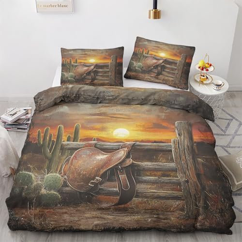 Bettwäsche 200x220 Western Sattel Motiv - Cowboy Rustikal Bettbezug und 2 Kissenbezug 80x80, Sommer Weiche Bügelfreie Deckenbezug 3teilig Set mit Reißverschluss, Wendebettwäsche & Deko N&-2353