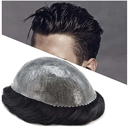 Parrucca Uomo Parrucchino da uomo 0.1-0.12mm Sistema di sostituzione del parrucchino for capelli umani in pelle PU piena pelle PU Parrucchino for uomo Unità for capelli Toupee da uomo Jet Black Protes