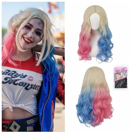 Damen Quinn PerüCke Halloween Cosplay: Blau/Pink Doppelter Schwanz Synthetische Lace-Front-PerüCke FüR MäDchen Karneval Cosplay Fasching Party