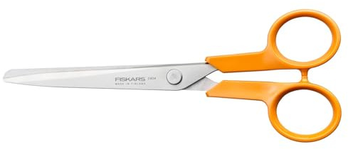 Fiskars Tijeras universales pequeñas para manualidades Classic, Diestros y zurdos, Longitud total: 16 cm, Ergonomía del mango mejorada, Acero/Plástico, Naranja, 1075054