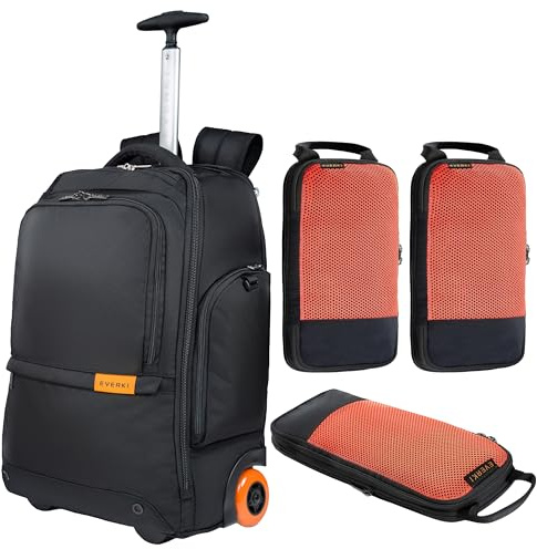 Everki 123 Laptop-Rucksack mit Rädern + Packwürfel – für 15,6 Zoll Laptop und 16 Zoll MacBook, Rollrucksack für Damen und Herren, Handgepäck-Reiserucksack mit austauschbaren Rollen