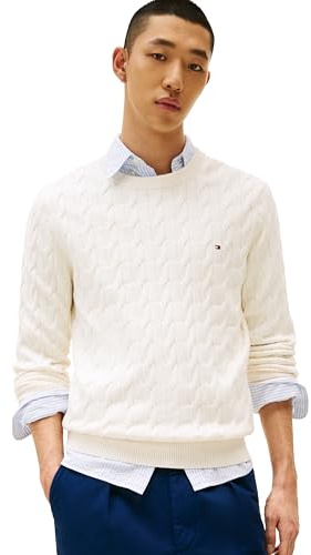 Tommy Hilfiger Herren Leichter Zopfmuster und Rundhalsausschnitt Pullover, Elfenbeinfarbenes Blütenblatt, L