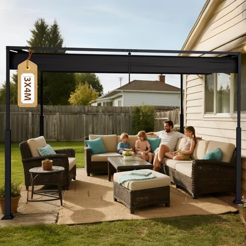 Soontrans Pergola mit Verstellbarem Schiebedach 3 x 4 m, Deine Terrassenüberdachung Freistehend für Entspannung, Pavillon mit Stahlgestell & Magnetbefestigung, Sonnenschutz für Garten Pool (Schwarz)