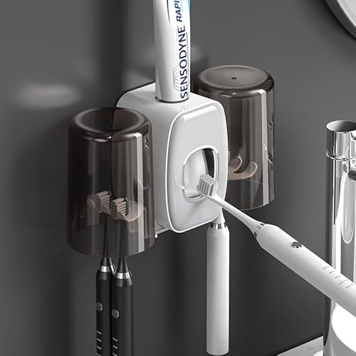 Automatischer Zahnpastaspender & Zahnbürstenhalter, wasserdicht, Zahnpastaspender zur Wandmontage mit 4 Bürstenfächern & 2 Bechern, Zahnpastaspender-Organizer für Badezimmerzubehör (Weiß)