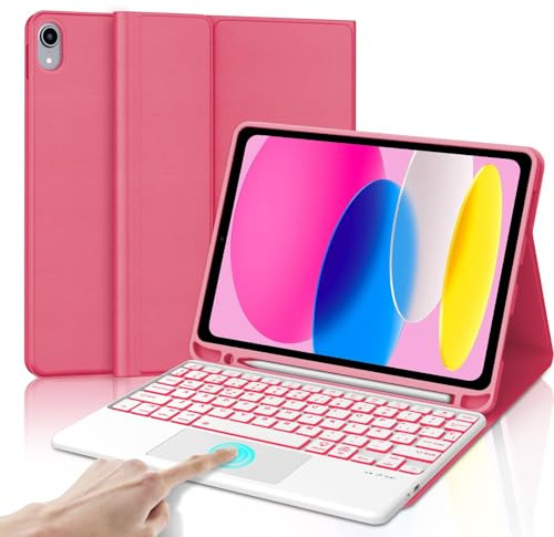 Funda Teclado para iPad A16 11 Generación 2025/10 Gen 2022 11/10.9 Pulgadas | Touchpad Retroiluminado 7 Colores QWERTY Español Ñ, Bluetooth Magnético Desmontable Teclado con Portalápices, Rosa fucsia