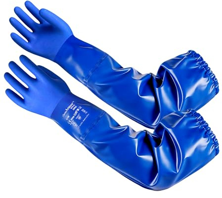 antools 62 cm tung last PVC kemikaliehandskar, vattentäta gummihandskar långa med bomullsfoder, resistenta mot kemikalier, olja och syror, för laboratorier, poolrengöring, industri, blå, storlek 10