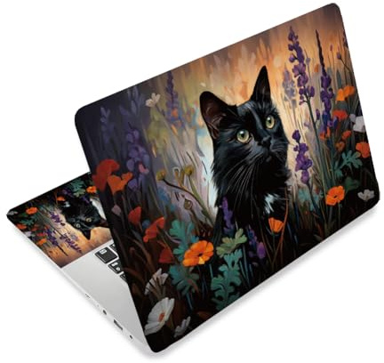 CRAFTYMELODY Autocollant pour Ordinateur Portable en Vinyle PVC avec Citation Protection Imperméable et Résistante aux Rayures Motif Chat Noir et Fleurs Sauvages. Protection Imperméable et