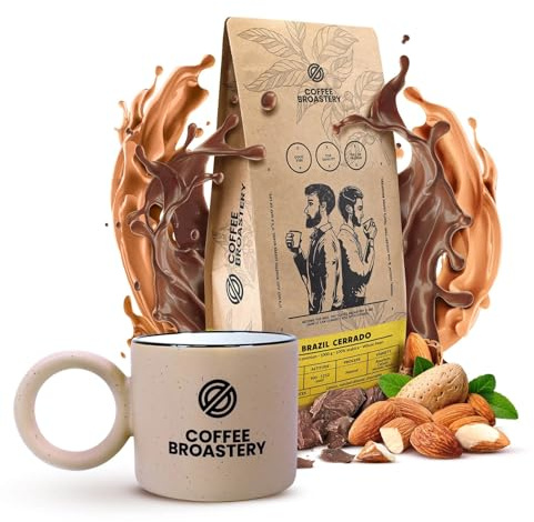 Coffee Broastery Brazil Cerrado Premium 1 kg - Café de Spécialité en Grains, Arabica du Minas Gerais, Notes d'Amande et Chocolat, Corps Dense + Tasse en Céramique - Idéal pour Amateur de Café
