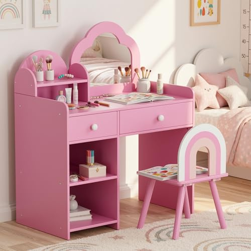 Clevich Schminktisch Kinder Set, 2 in 1 Kinderschminktisch mit Spiegel | Prinzessin Frisiertisch mit 2 Schubladen, Schließfächer, Schreibtisch mit Stuhl, für 3 bis 8 Jahren, 74x40x91 cm, Rosa