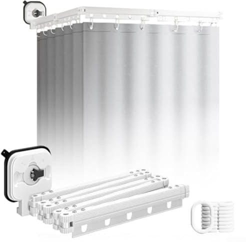 Asta pieghevole per tenda da doccia con ventosa, asta a tensione regolabile con ganci, montaggio a parete senza trapano, per bagno, 40 x 8,7 x 15,5 cm (bianco)