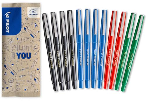 PILOT - Lot de 12 Fineliner - Stylos feutres - Feutre Fin d'Écriture à Encre Liquide - Séchage Rapide - Noir, Bleu, Rouge, Vert - Pointe Moyenne