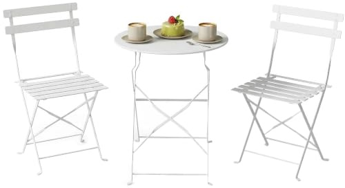 Outsunny Set da Bistrò 3 Pezzi Pieghevole con 2 Sedie Tavolo Patio Bianco | Set da Giardino, Mobili da Giardino in Metallo, Patio Balcone