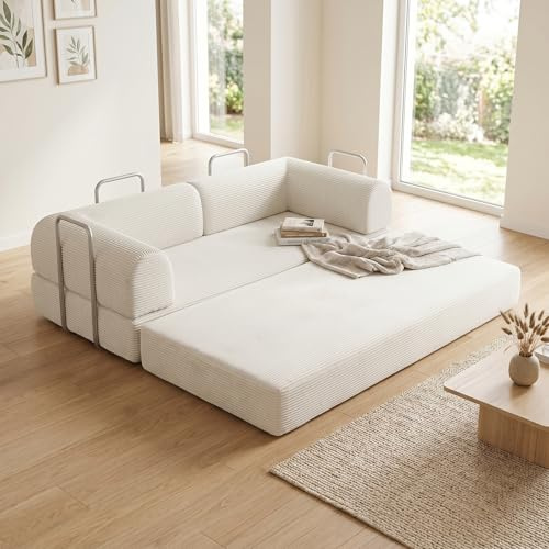 GRAVFORCE Schlafsofa – faltbares Bodensofa Bed mit Metallrahmen - Schlafsofa Klappbar 158cm breit - Compressed Sofa ohne Beine modulares Sofa Cord für Wohnzimmer Schlafzimmer Beige