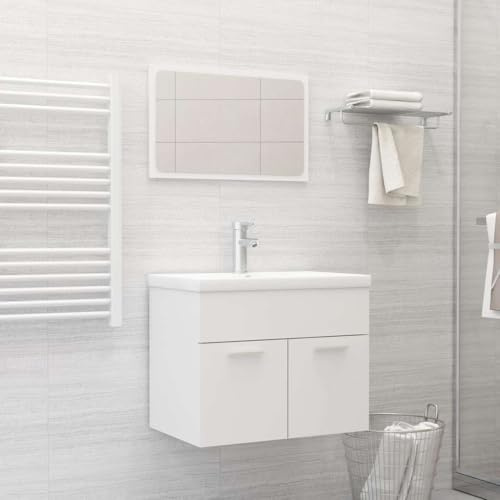 Kaloriko Juego de 2 muebles de baño blanco de madera con espejo y armario para debajo del lavabo, 60 x 38,5 x 46 cm, armario de baño, espacio de almacenamiento, ahorro de espacio, moderno