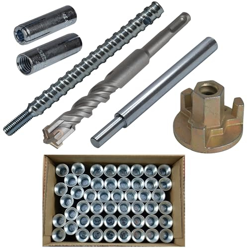 Befestigungsset Beton 54-teilig für Bohrdurchmesser 16 mm für Kernbohrständer inklusive Vierschneider-Hammerbohrer SDS-Plus (Dübel mit ETA-Zulassung)