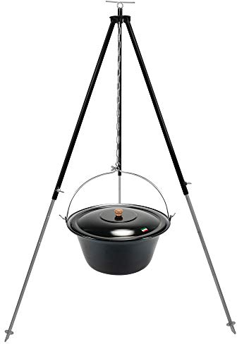 Gulaschkessel Gulaschtopf Set 22 Liter emailliert mit Deckel und Teleskop Dreibein 180 cm durch Kettenzug höhenverstellbar / Feuer-Kessel Suppen-Topf Outdoor-Kocher Glühwein-Topf – Glühwein-Kessel