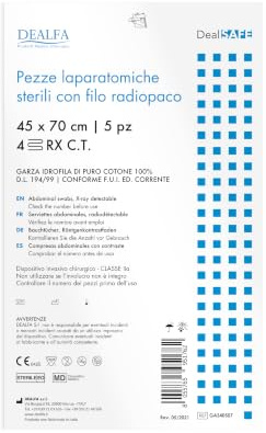 DEALFA Pezze Laparatomiche di Garza Sterili - 45x70 cm - 4 Strati con RX - Colore Bianco - Monouso - Doppia Busta Sterile da 5 Pezzi - Confezione da 5 Buste
