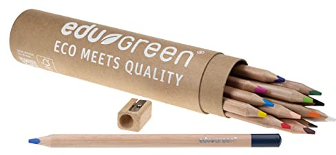 eduGREEN® – Set da 16 – 1 rotolo di cartone con 13 matite colorate, 1 penna (grafite) con mina di qualità da 5 mm, 1 temperamatite per legno, legno da coltivazione certificata, vernice solubile in