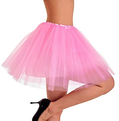 Phantomon Tutu Skirt Women's Teens Classic Elastic 4 Layered Tulle Ballet Tutu Skirt, Adult Size Non See-Through (Pink)