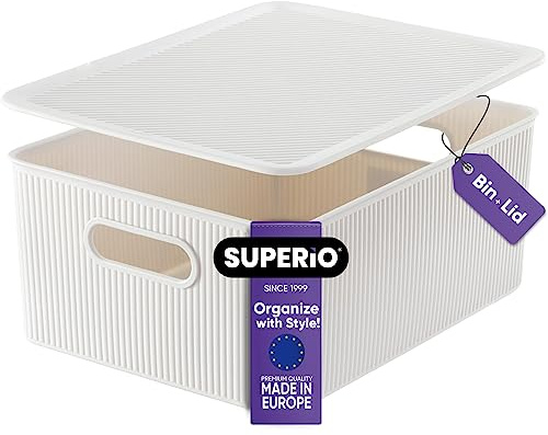 Superio Ribbed Collection - Decorative Plastic Basket Lidded Home Storage Bins Organizer, Large White Smoke (1 Pack - 15 Liter) Stackable Container Box, for Organizing Closet Storage Bins for Shelves
