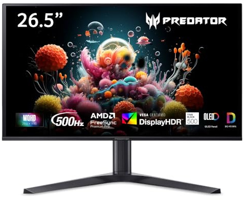 Acer Predator X27UF5 OLED Gaming Monitor 27 Zoll (67,3 cm), WQHD, 500Hz | 27 Zoll (67,3 cm Bildschrim) WQHD, QD-OLED, 500Hz, 0.03ms(GTG), HDMI 2.1, DP 1.4, USB-C (65 Watt), USB HUB, Pivot, VESA