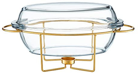 AMBITION Wärmebehälter für Speisen Saule 4,5L Warmhalteplatte Stövchen Servierschale Glasdeckel goldenes Gestell glamour Stil
