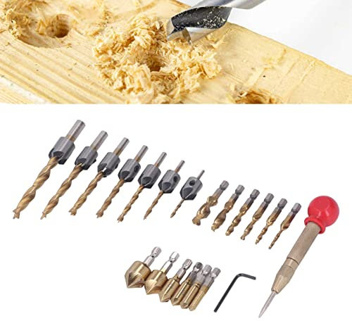 20er-Pack Fasenbohrwerkzeuge für die Holzbearbeitung, 7 Senkbohrer-Set, 6 Fasenbohrer, 6 Bohrer, Gewindebohrer, Körner und Sechskantschlüssel