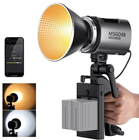 NEEWER MS60B LED Video Light 2.4G/APP Control, 65W Metal Mini Compact COB Continuous Output Lighting Spotlight 2700K-6500K, 40000lux@1m, CRI 97+/TLCI 98+, 12 Effects, PWM Dimming, Bowens Mount, Silver