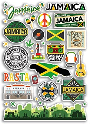 A4 Sticker Sheet Jamaica Landmarks Vinyl Stickers - Jamaican City Map Airport Country Stamp Skyline Flag Travel Holiday Culture Aesthetic #80001