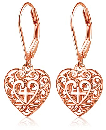 S925 Sterling Silver Cross Heart Dangle Drop Faith Filigree Leverback Earrings for Women Girl Gift Jewelry