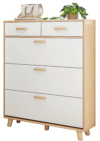 ZORZA Schuhschrank, Schuhkipper für 30 Paar Schuhe mit 3 Klappen und 2 Schublade, Weiß Holz Schuhschrank (100 x 24 x 134 cm)