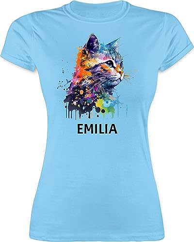 Shirt Damen - Katze Cat Citten Katzen Cats Katzenlieberhaber - M - Hellblau - katzenmotiv Name t katzenliebhaberin katzenbesitzerin für Katzenfreunde Katzenliebhaber katzenfreund personalisierte
