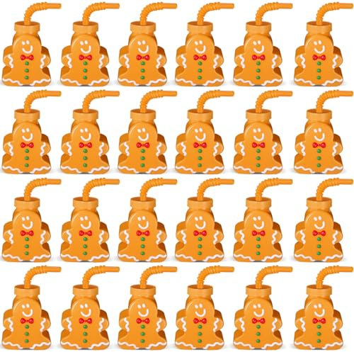 Sliner 24 Pcs Christmas Gingerbread Man Cups with Straws and Lids 10 oz Christmas Reusable Plastic Cups Set Christmas Holiday Straw Cups for Winter Xmas Gifts Birthday Party Supplies (BIO-Sliner-631)
