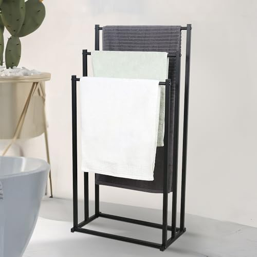 aleawol 3 Tier Black Freestanding Towel Rail, Metal Towel Rack Freestanding Towel Holder, Towel Tack Stand Towel Drying Rack Free Standing for Bathroom Accessories Organizer Bath & Hand Towels