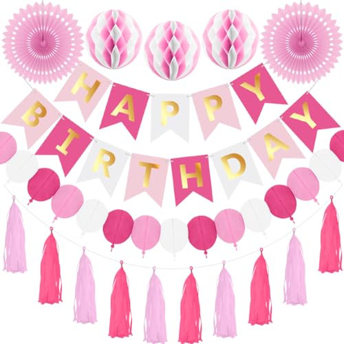 Pink Happy Birthday Banner Girls Birthday Decorations Honeycomb Balls Paper Balloon Garland Paper Hanging Fan Tassel Garland by RichMoho