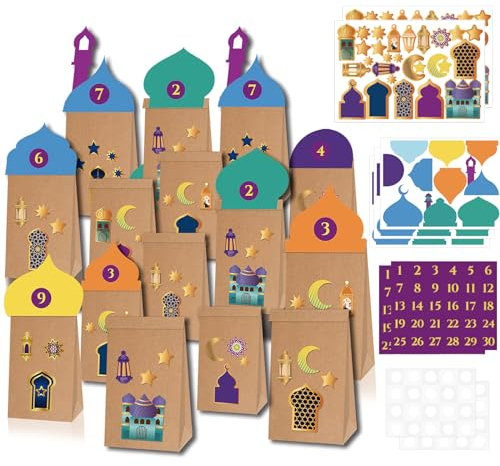 IWTBNOA 30 Sätze Ramadan Kalender zum Befüllen, Ramadan Geschenktüten mit Aufkleber, DIY Ramadan Kalender, Eid Mubarak Kraftpapiertüten, Muslimischen Lslam Zuckerfest Deko Ramadankalender Kinder