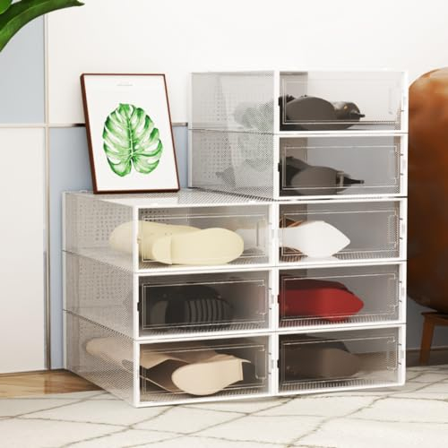 WAYTRIM Stapelbare Stiefel-Aufbewahrungsbox, 8 Stück, stapelbarer Stiefel-Organizer und Aufbewahrung, Stiefelbox, Unterbett-Aufbewahrung, 52,1 x 30 x 14 cm, transparent weiß, BB008WHT