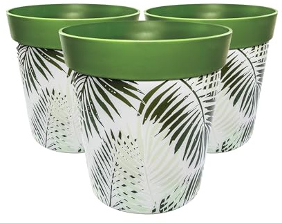 Hum Flowerpots, 25cm Set of 3, Various Patterns Colours and Sizes, Indoor/Outdoor Plastic Plant Pots (Green Fern)
