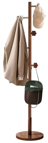 QJUZO Garderobenständer Holz, Kleiderständer Massivholz Stabil & Robust mit 6 Haken, Jackenständer im Vintage-Stil, Rundfuß Solide, Walnuss, Natur, für Wohnzimmer Schlafzimmer Büro, H 175cm