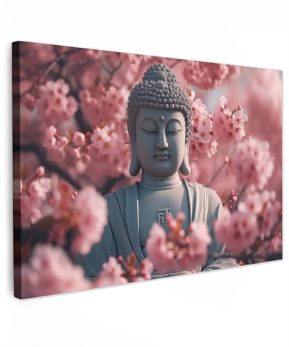 MuchoWow© Bilder Groß XXL Wohnzimmer Deko Modern Wandbild Kunstdruck | 120x80 cm - Leinwand Bild Schlafzimmer über Bett Room Decor Geschenke Buddha - Statue - Sakura - Kirschblüte