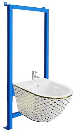 LAVITA Vorwandelement für Bidet LAV 500 + Wand-Bidet Sofi Checked Gold Komplettset Wand-Hänge Bidet mit Hahnloch und Überlaufschutz aus Keramik WC Hygienisch und Pflegeleicht 36,5x49x32,5 cm